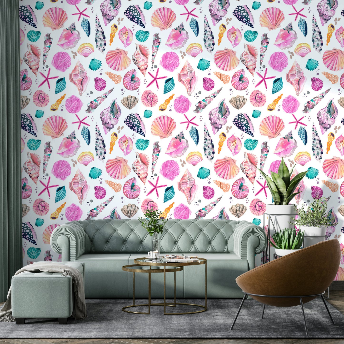 Beach-inspired wallpaper with ocean treasures in watercolor style.

