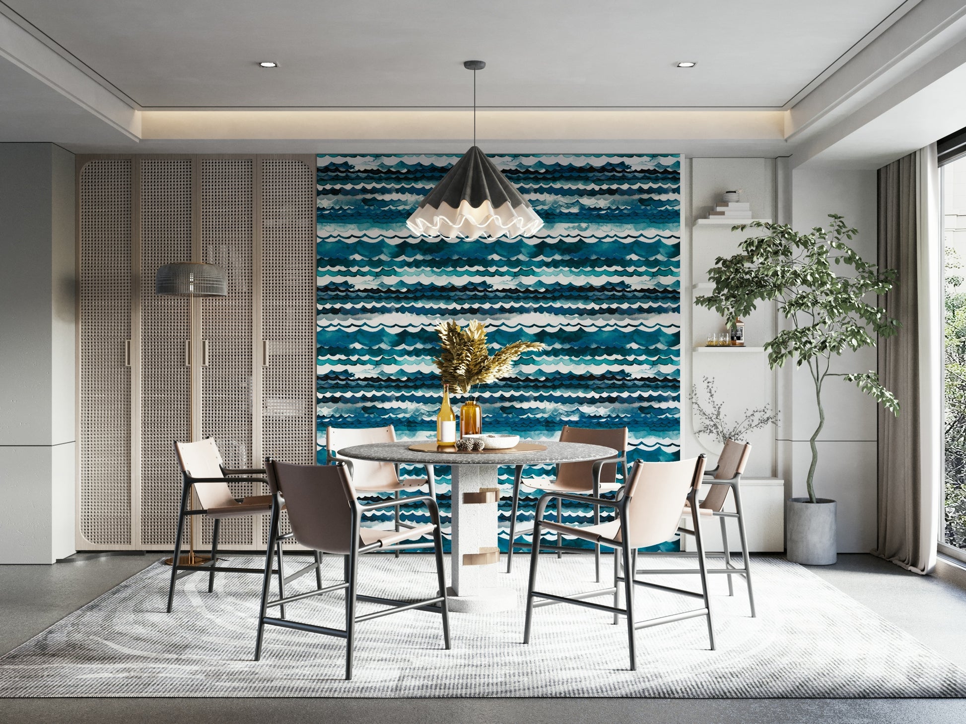 Coastal style wallpaper with hand-painted sea waves.

