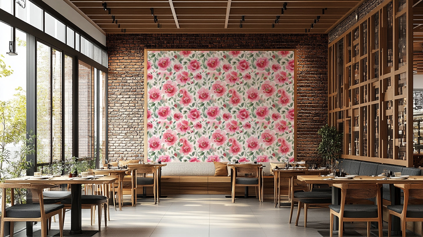 Classic floral wallpaper featuring watercolor-style red blooms.

