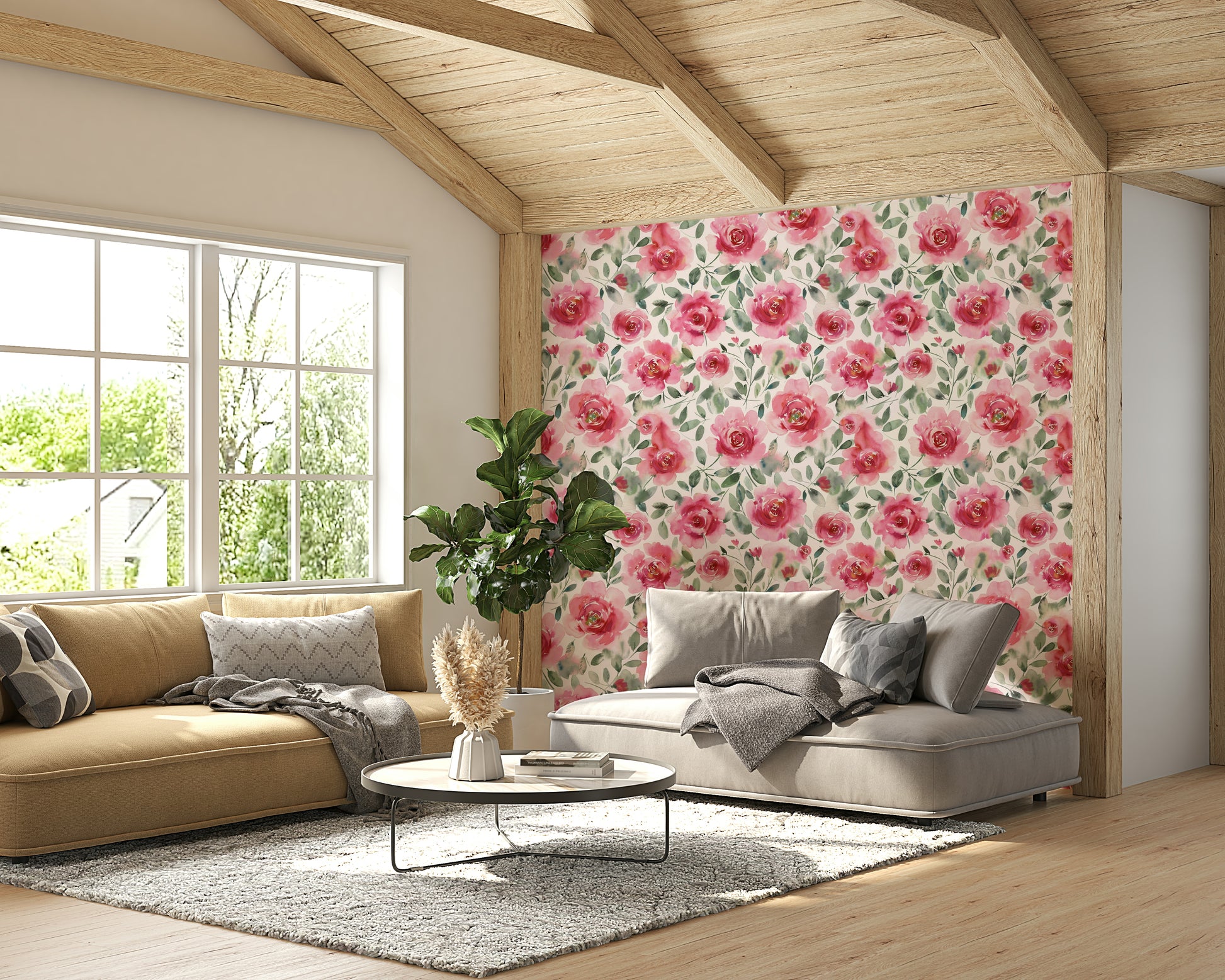 Wallpaper for romantic interiors with red roses and soft tones.

