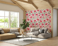 Wallpaper for romantic interiors with red roses and soft tones.

