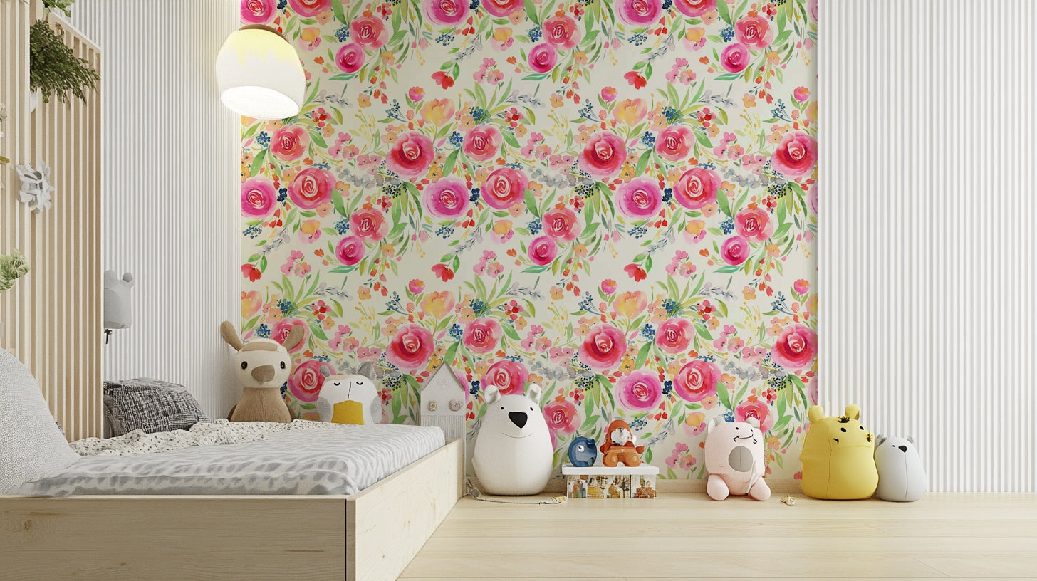 Whimsical floral mural with bold roses, greenery, and soft pastel tones.

