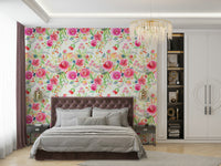 Bright and playful wallpaper with red, pink, and pastel roses and intricate foliage.

