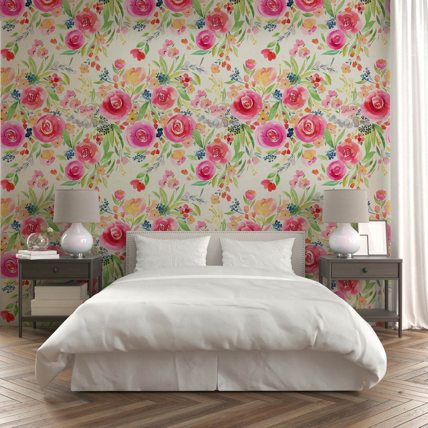 Romantic wallpaper with large, detailed roses and whimsical flowers.

