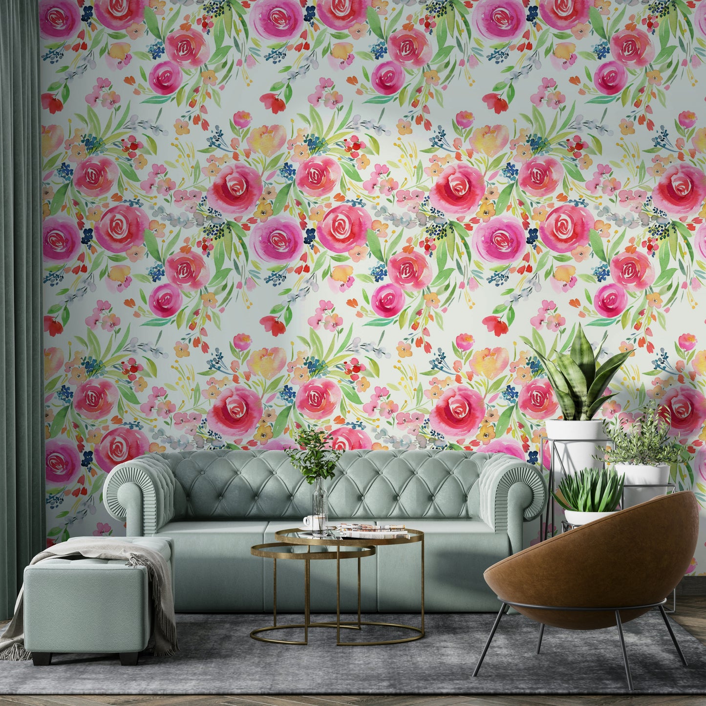 Nature-inspired wallpaper with roses in rich colors and playful flower patterns.

