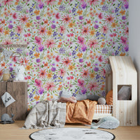 Wallpaper with vibrant dahlia flowers and whimsical greenery for a fresh look.

