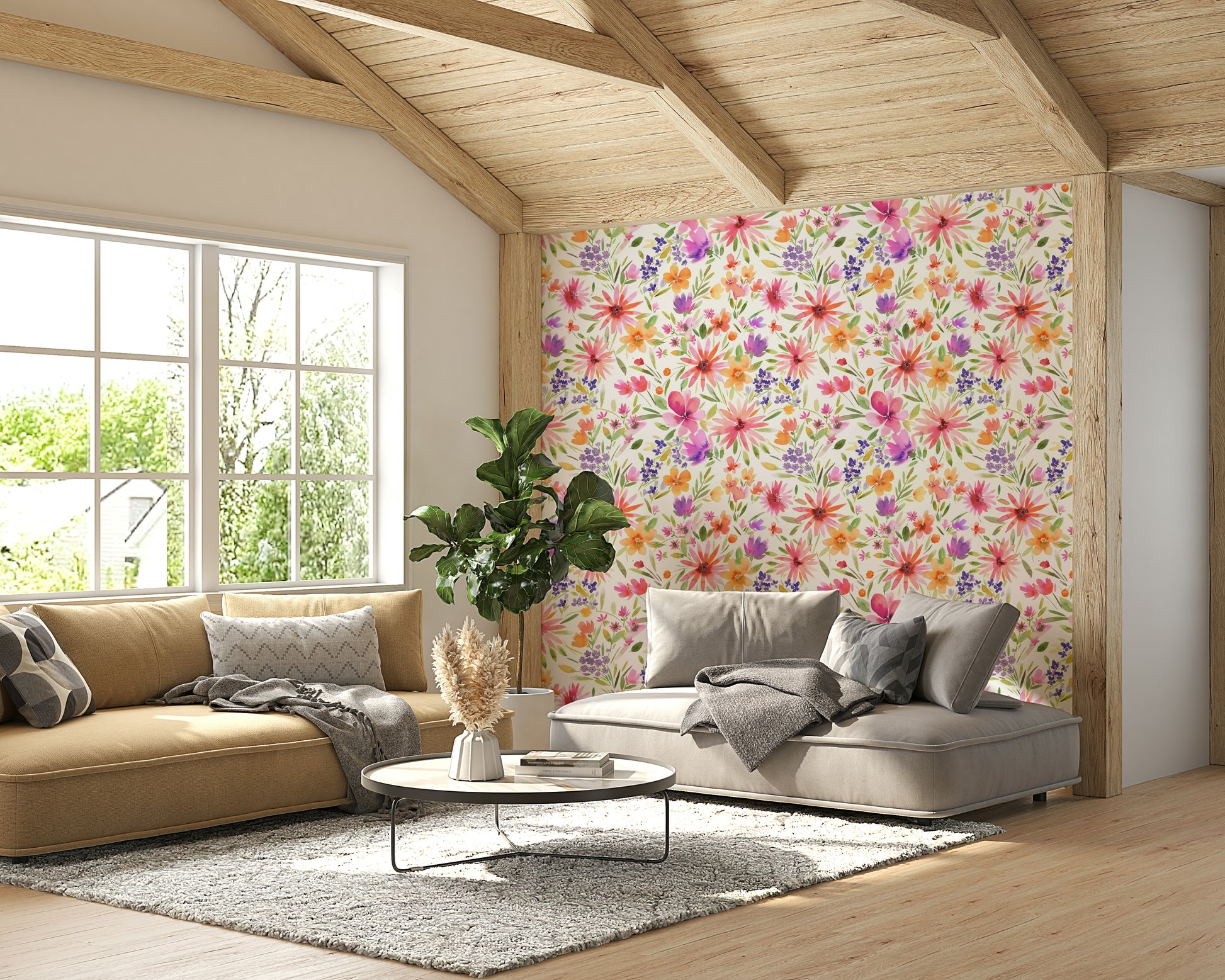Whimsical floral wallpaper with lively dahlias and swirling nature motifs.

