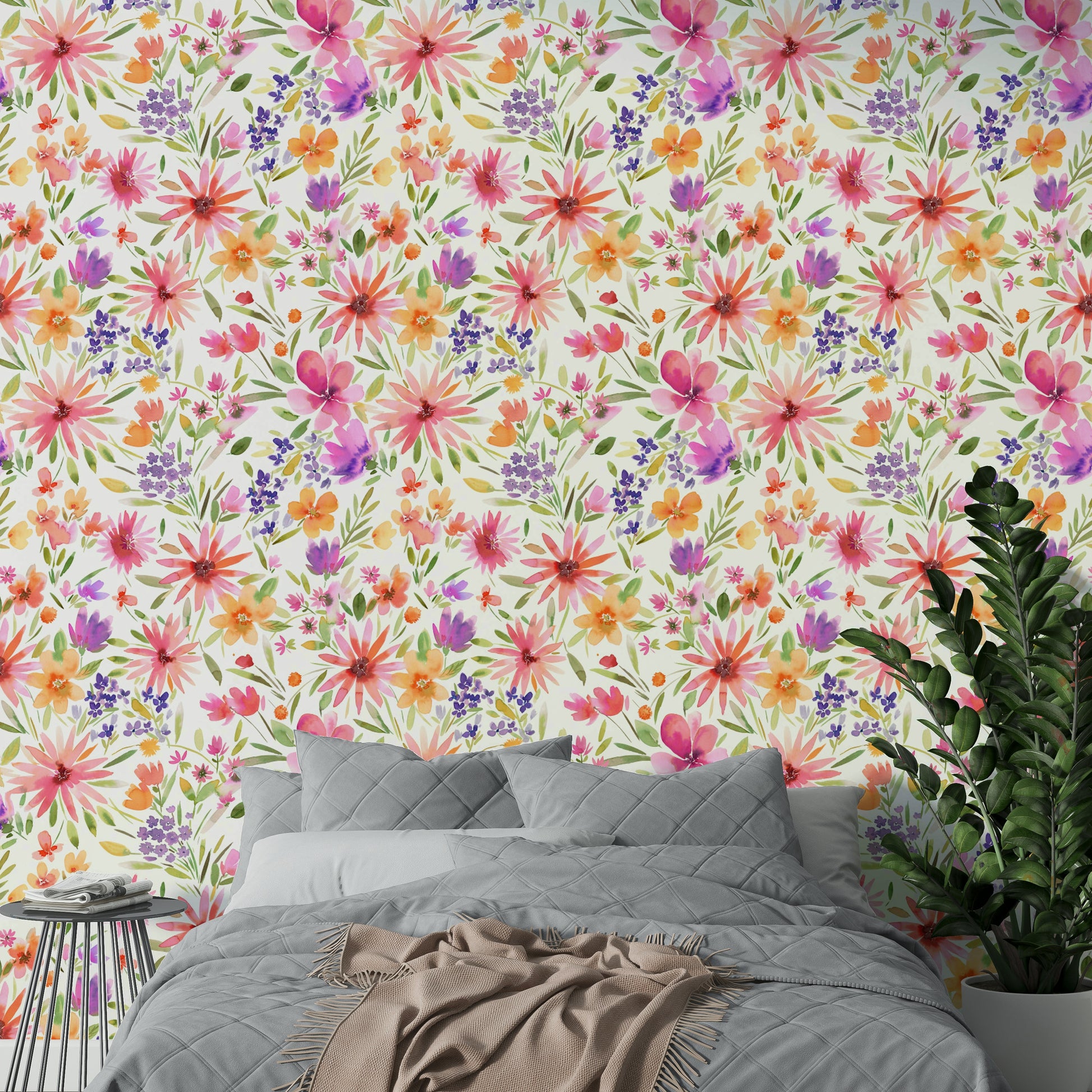 Dahlia garden wallpaper with playful floral accents and pastel hues.

