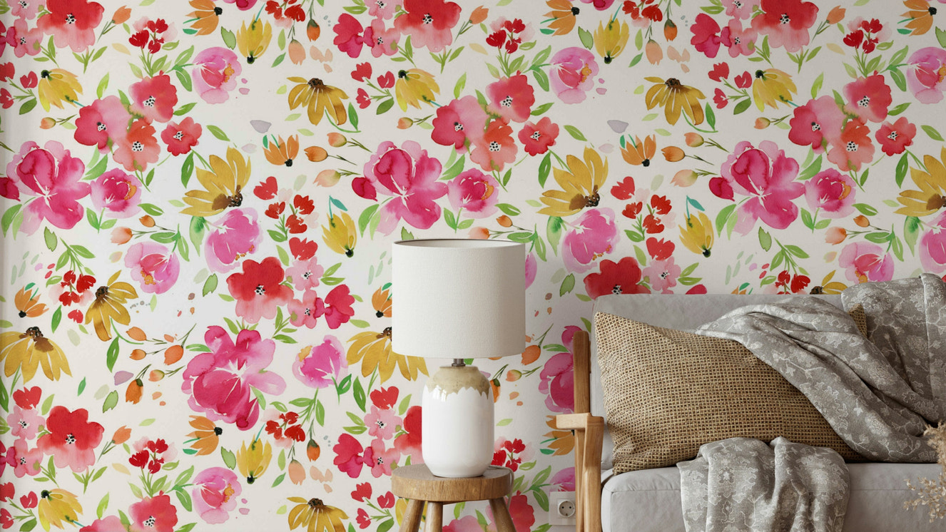 Fresh, spring-inspired floral design with pink and yellow flowers.

