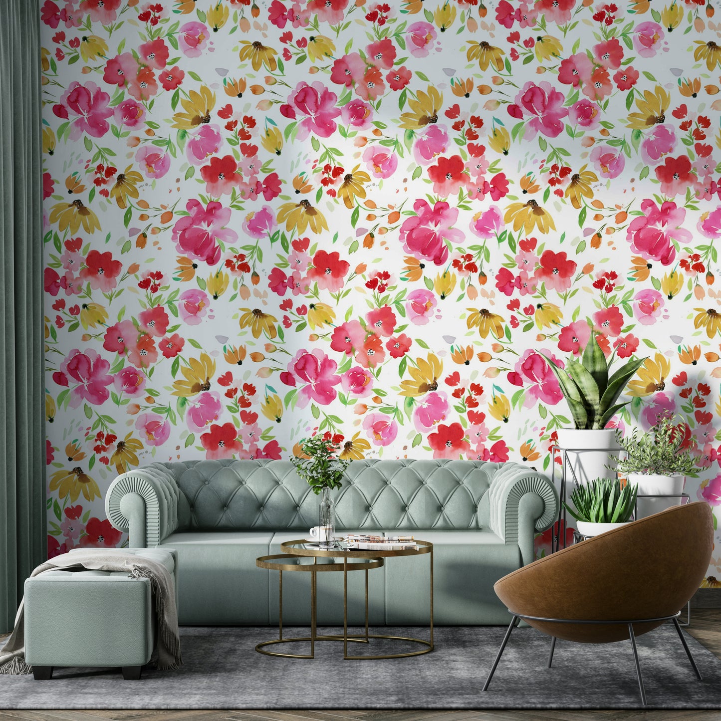 Nature-inspired floral wallpaper with cheerful pink and yellow flowers.


