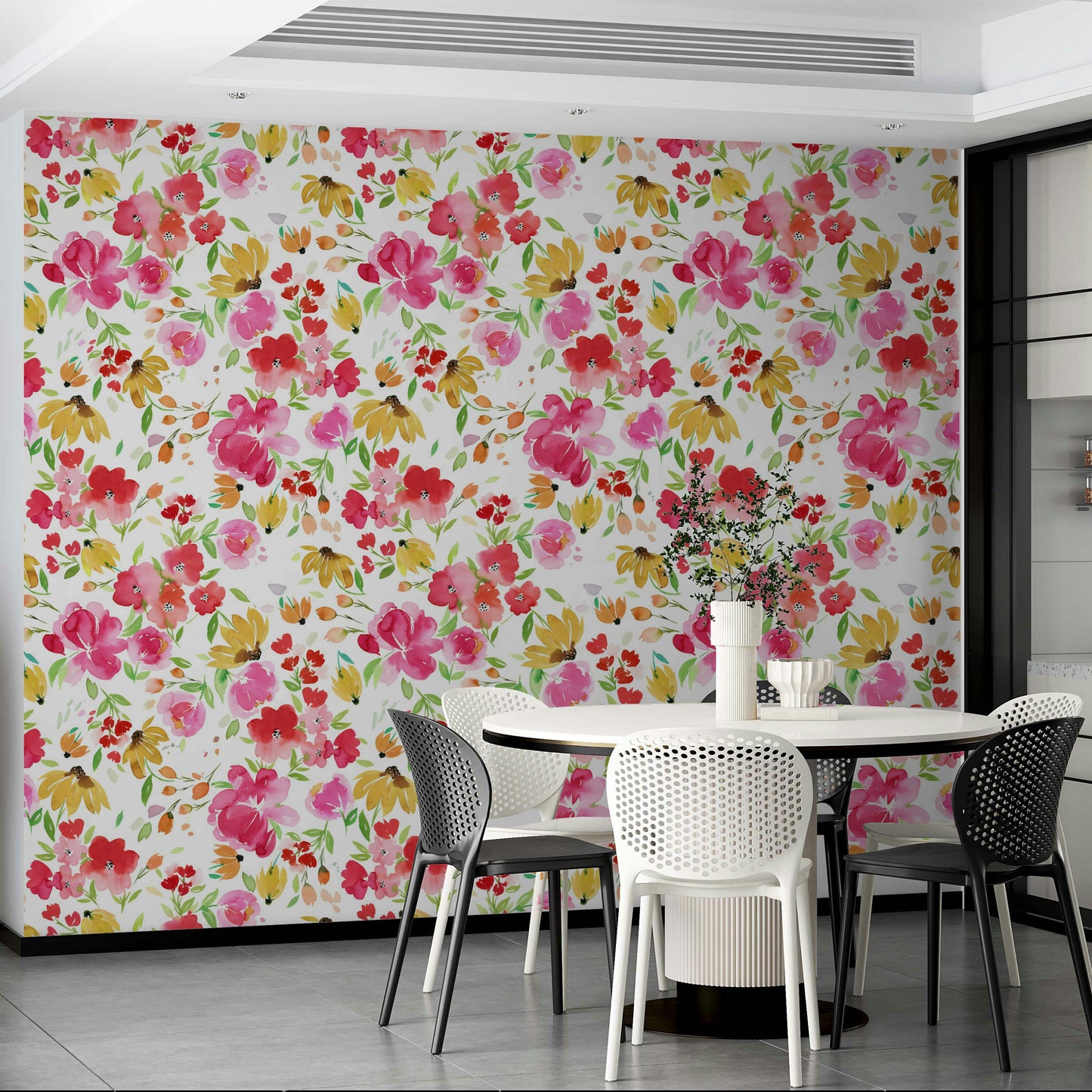 Wallpaper with fresh spring flowers in pink, yellow, and green.

