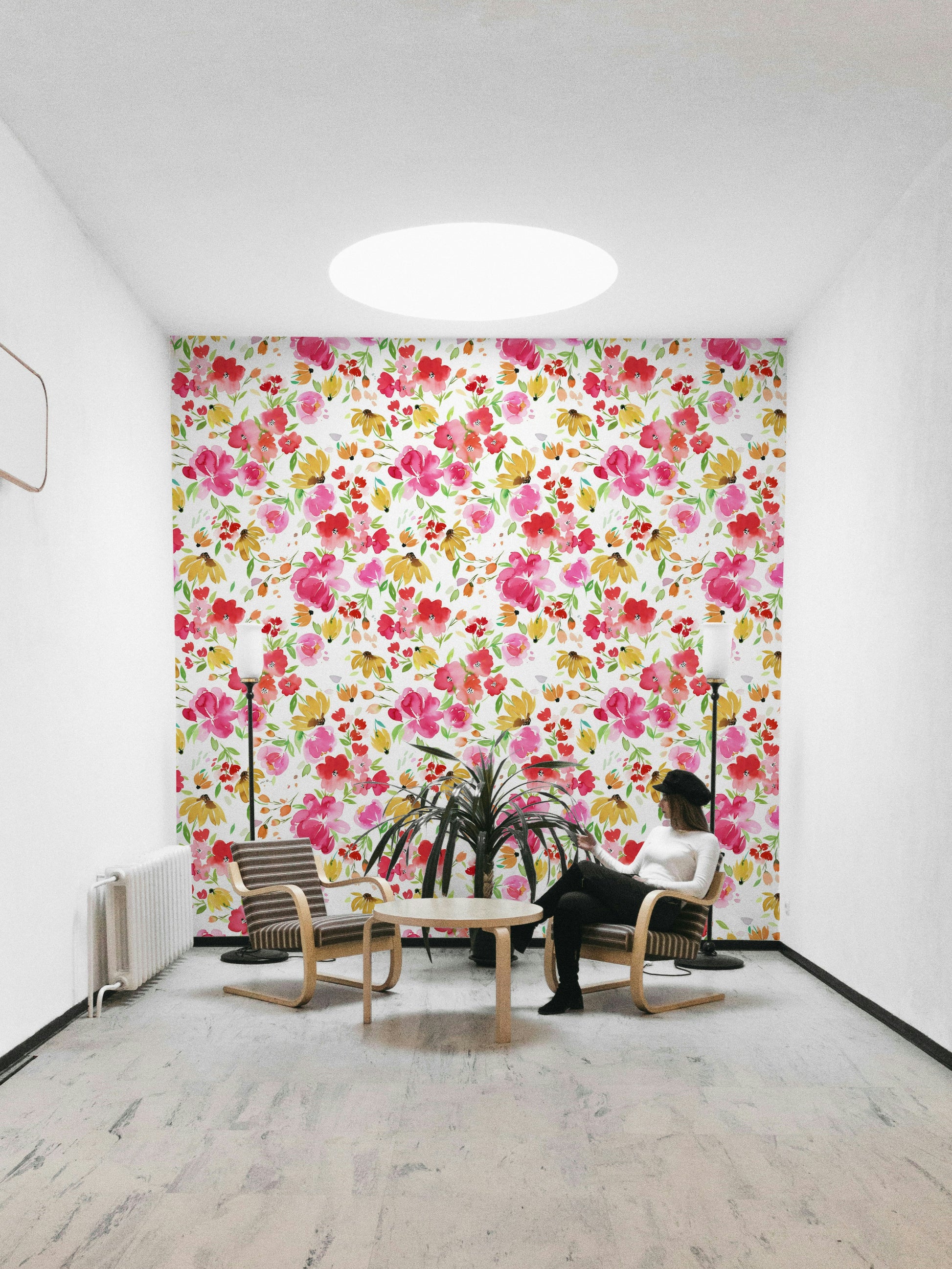 Floral wallpaper with vibrant spring blooms in pink, yellow, and green tones.

