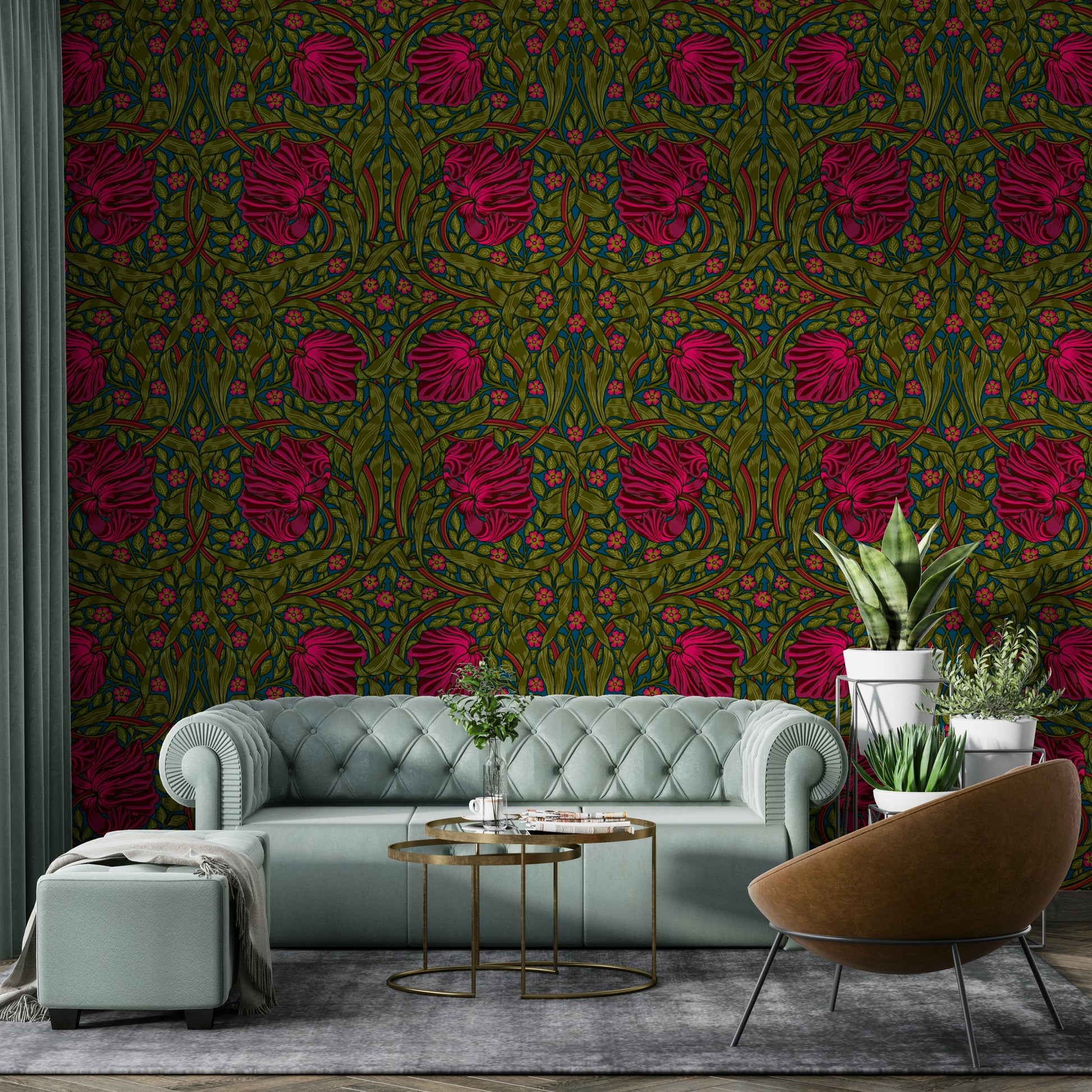 Detailed leaf and flower pattern wallpaper

