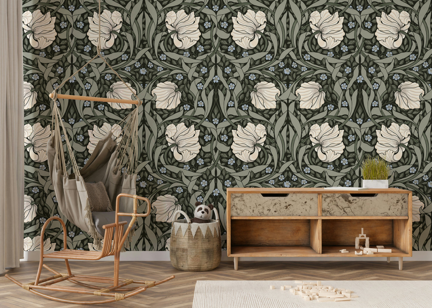 Intricate William Morris wallpaper in earthy tones

