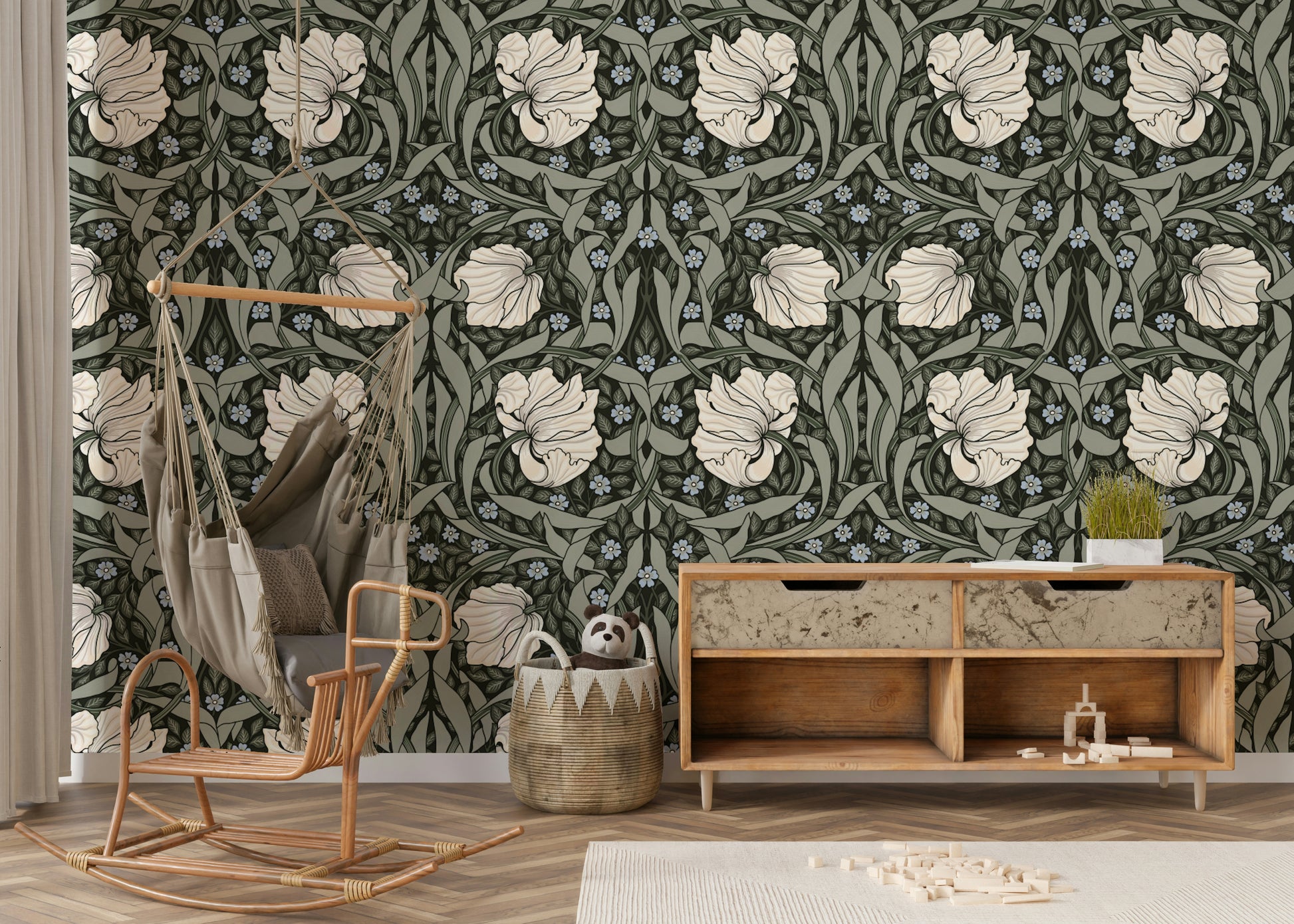 Intricate William Morris wallpaper in earthy tones

