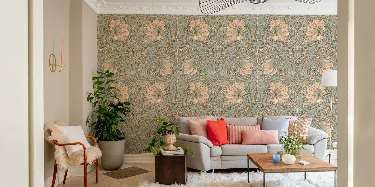 Floral wallpaper with pimpernel flowers and greenery

