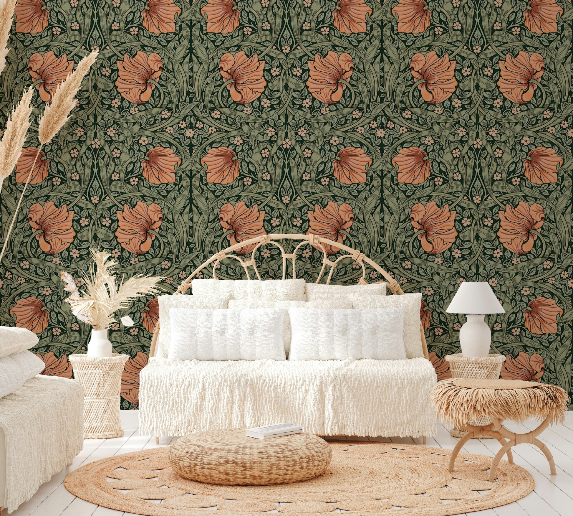 Vintage-inspired floral wallpaper with earthy tones

