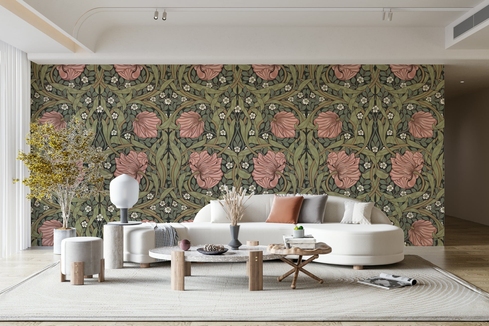 Intricate floral wallpaper with earthy tones

