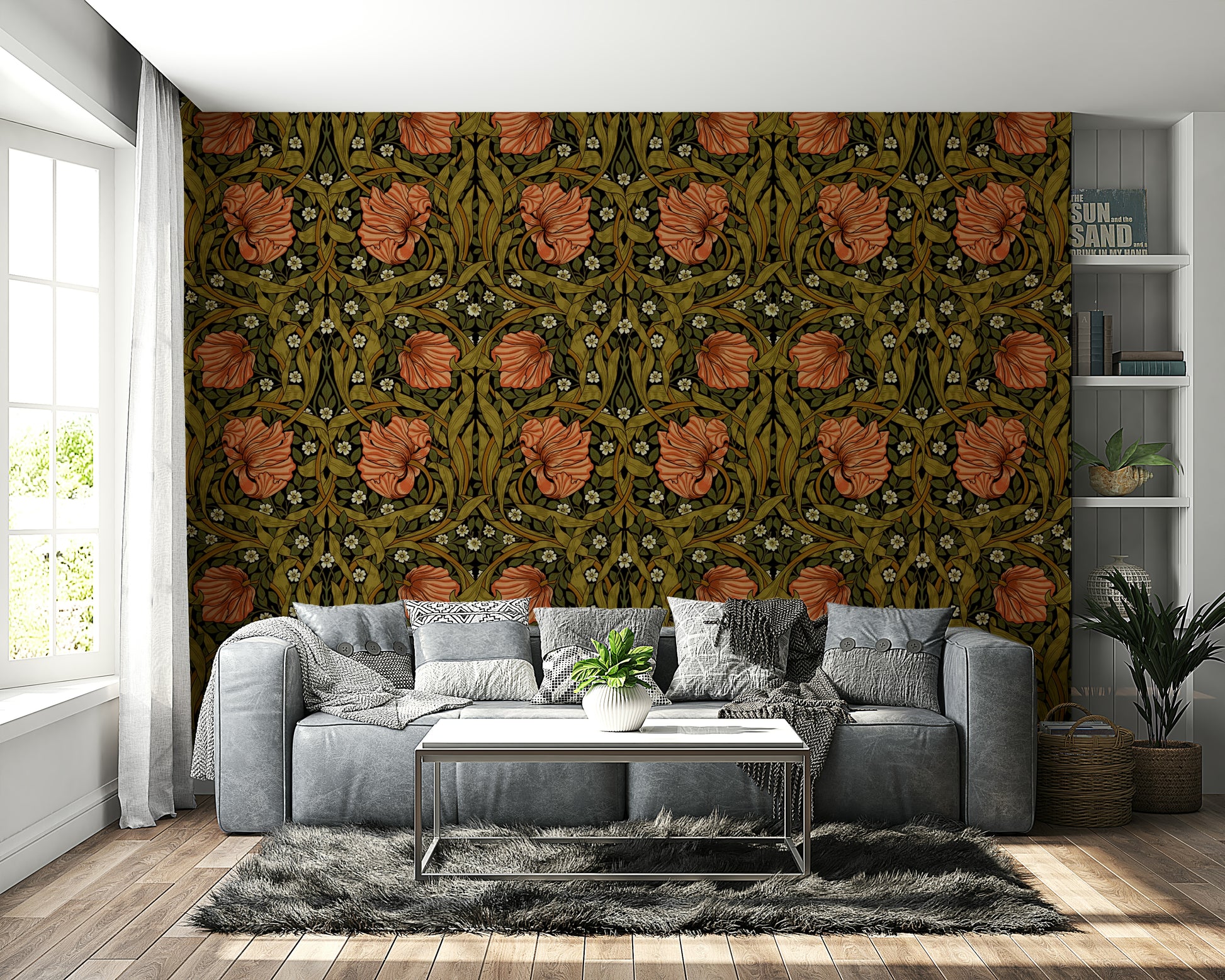 Sophisticated floral mural with detailed greenery

