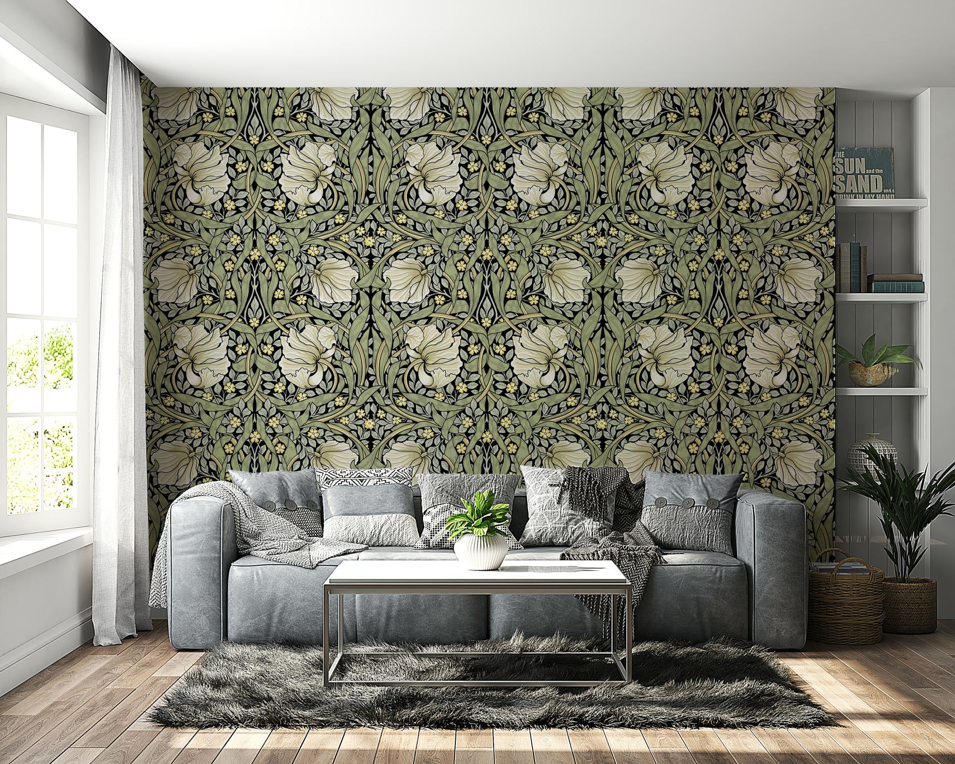 Sophisticated floral wall mural with lush greenery

