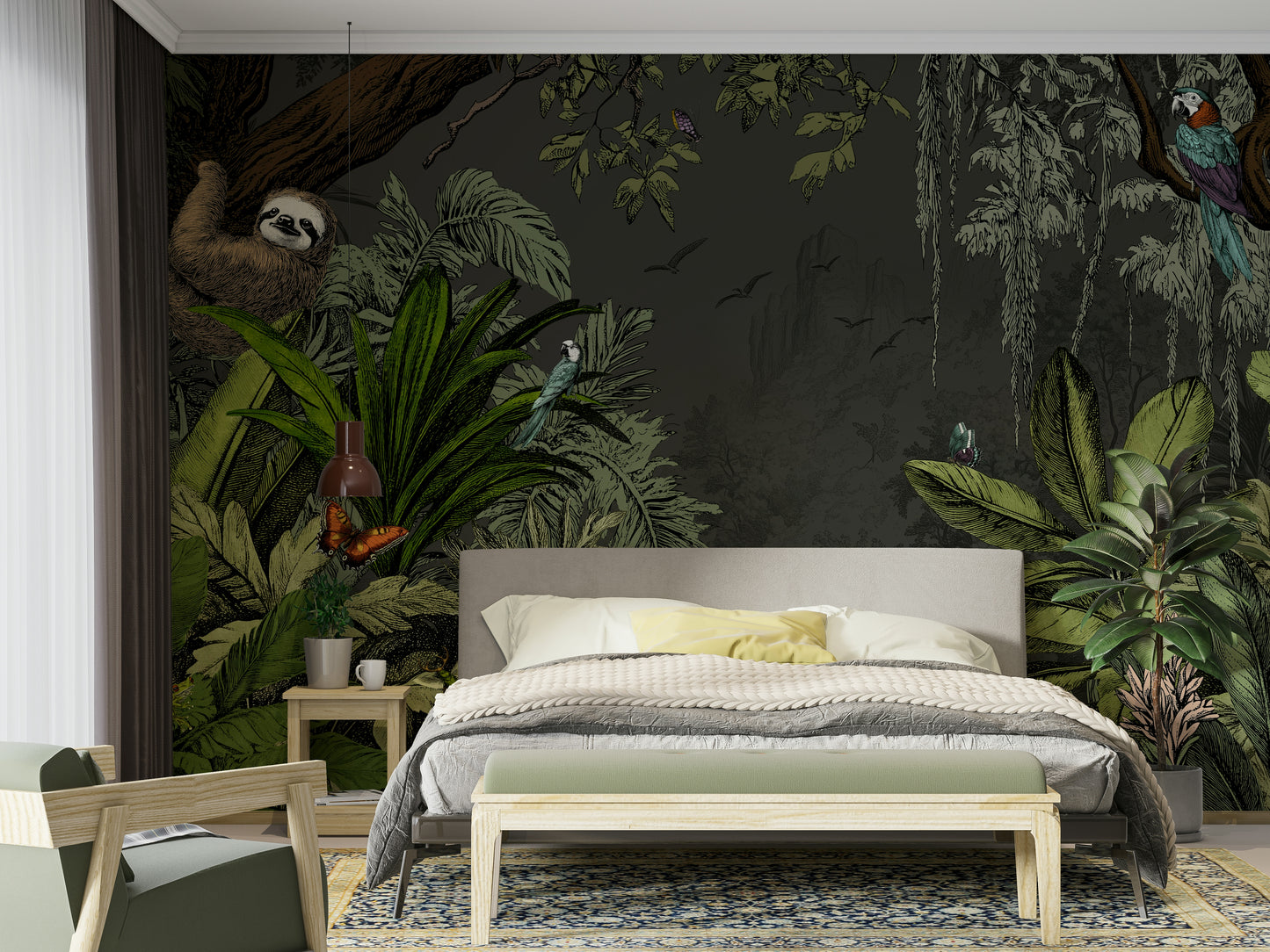 Calm jungle night mural featuring soft blue and green tones.

