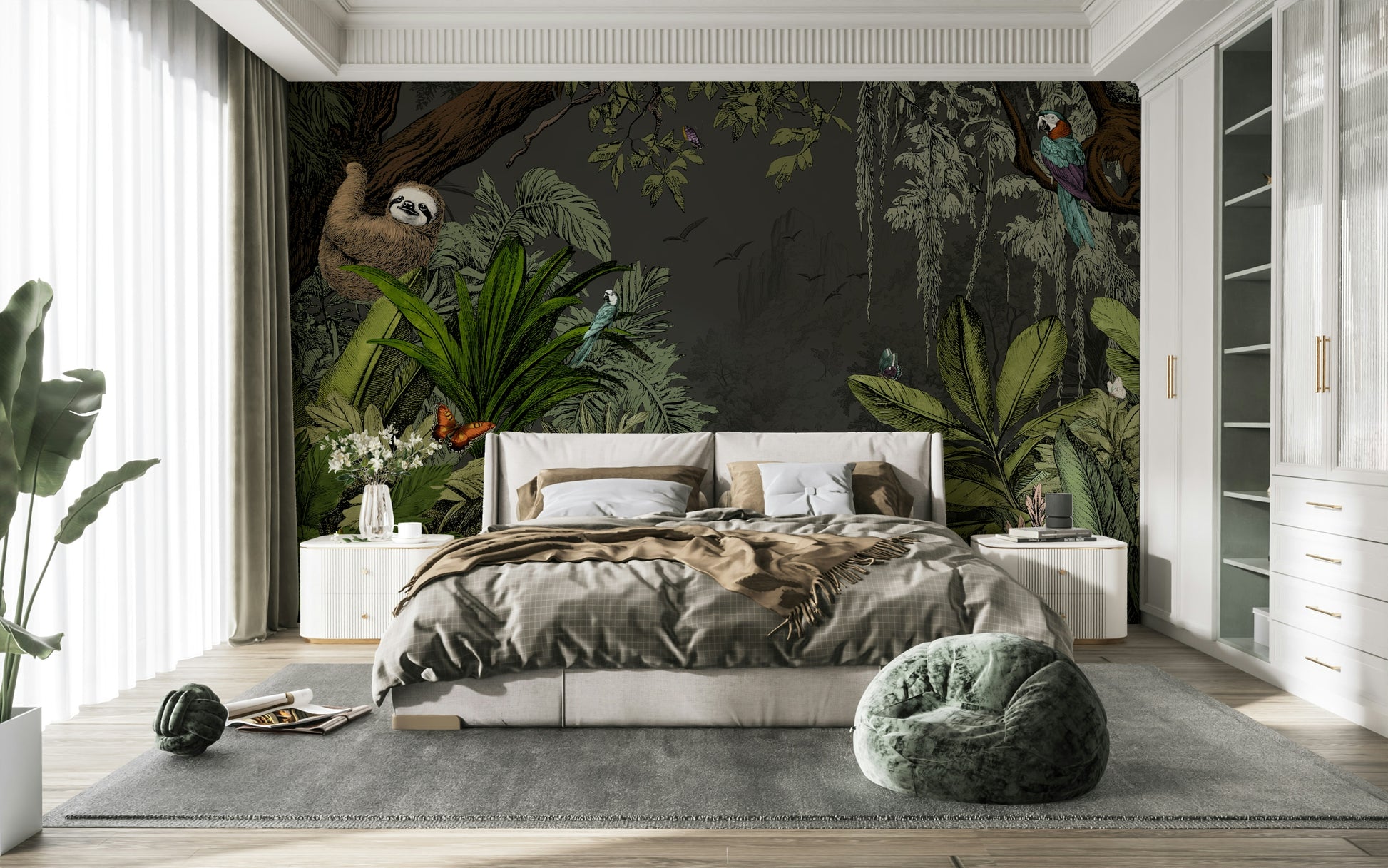 Jungle mural wallpaper with deep greens and soft blues for a night scene.

