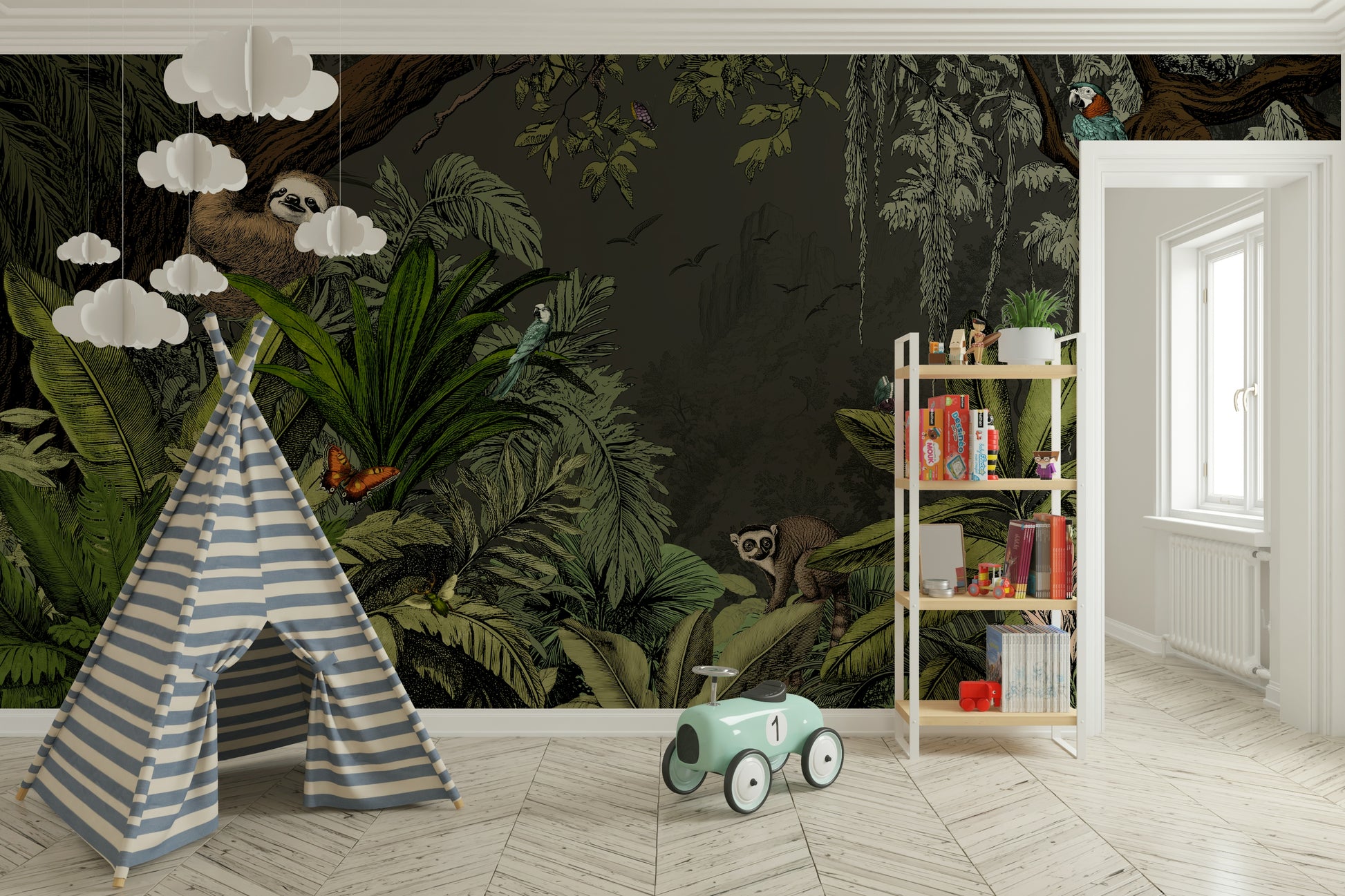 Serene nighttime jungle mural for creating a calm atmosphere.

