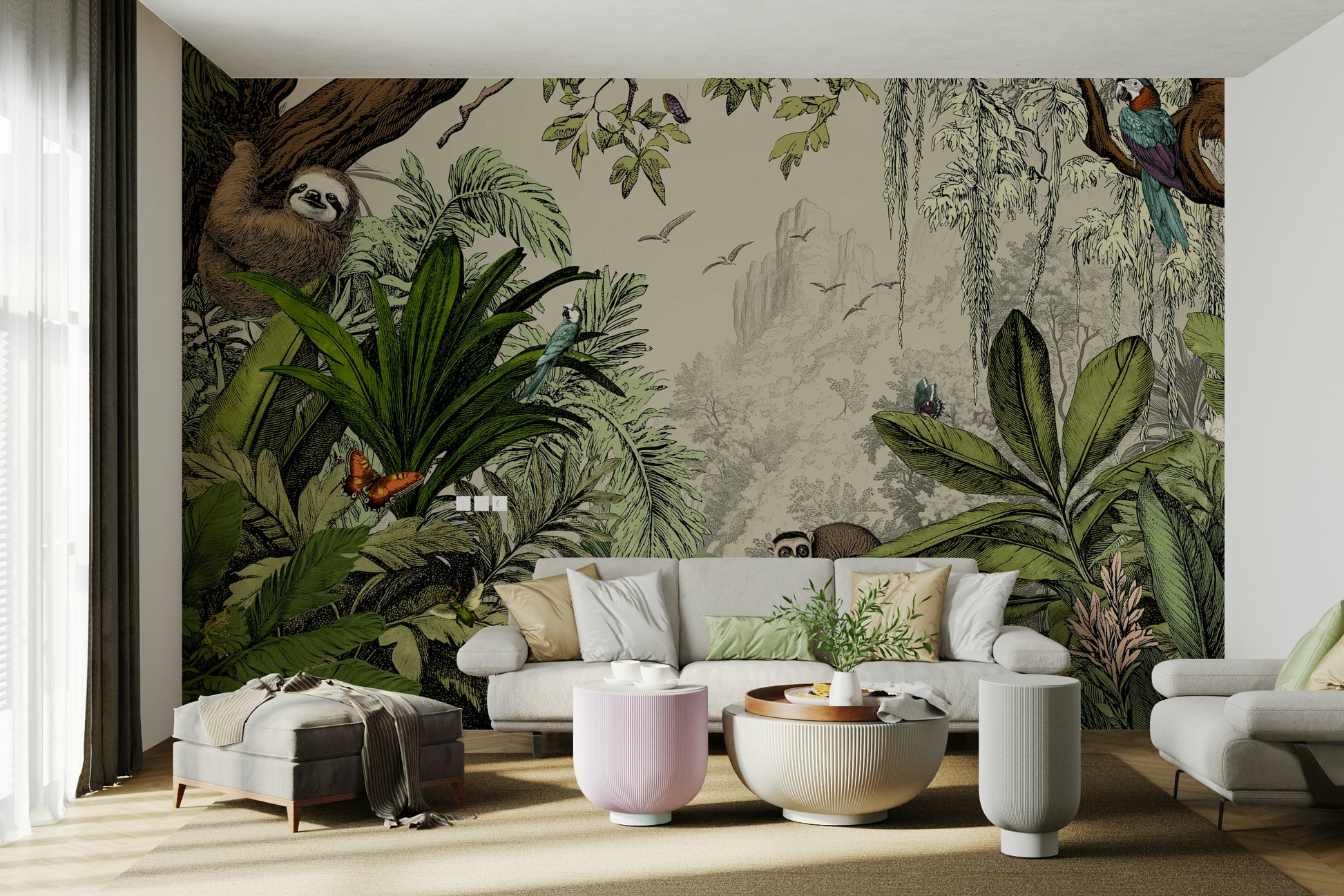 Vibrant jungle mural with sunlit atmosphere and bright flowers.

