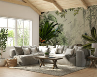 Sunlit jungle mural with vibrant greenery for modern interiors.

