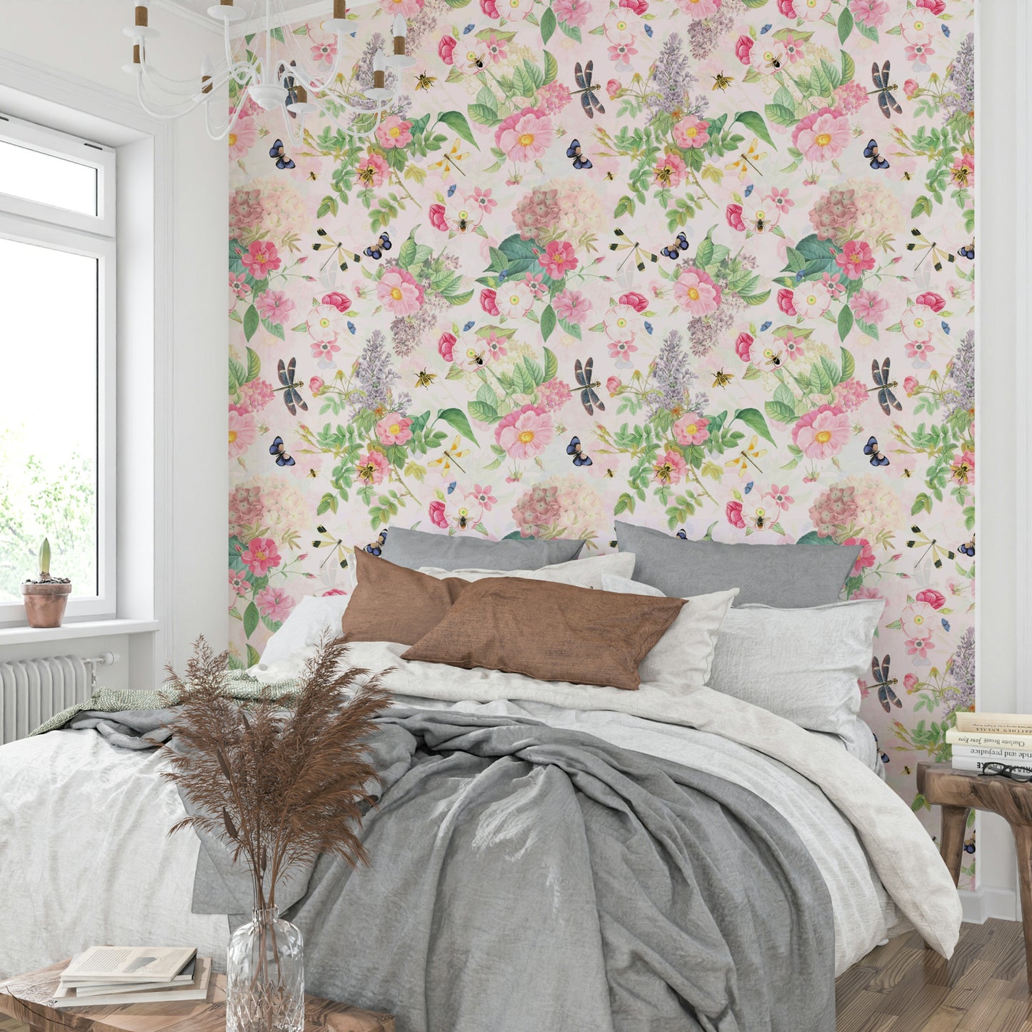 Romantic vintage rose wallpaper with lush greenery


