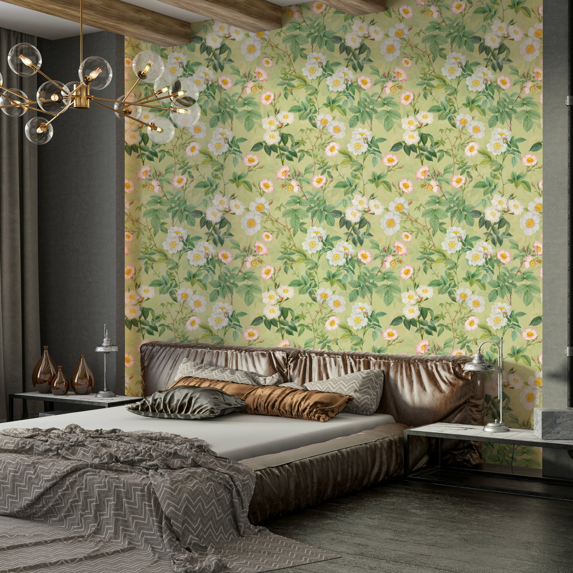 Classic rose wallpaper bringing a vintage garden feel indoors.

