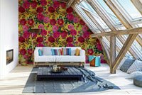 Close-up view of vibrant roses in pink, red, and orange in the mural.

