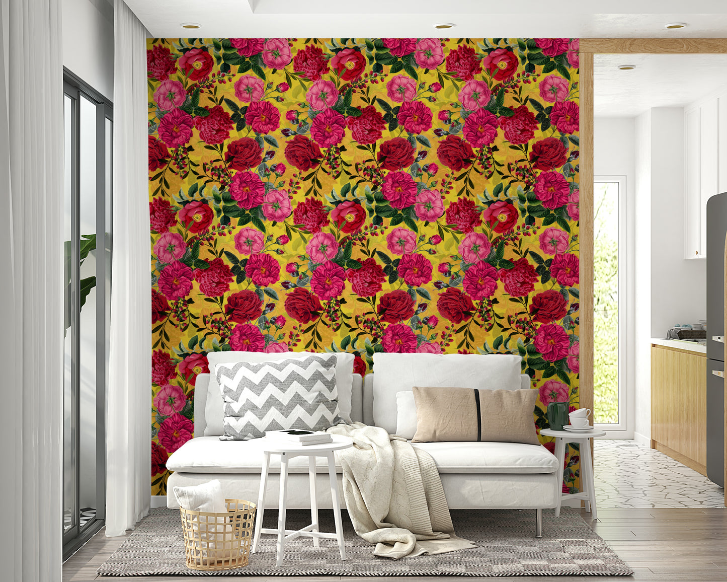 Bold floral wallpaper with large roses in vivid shades of red and pink.

