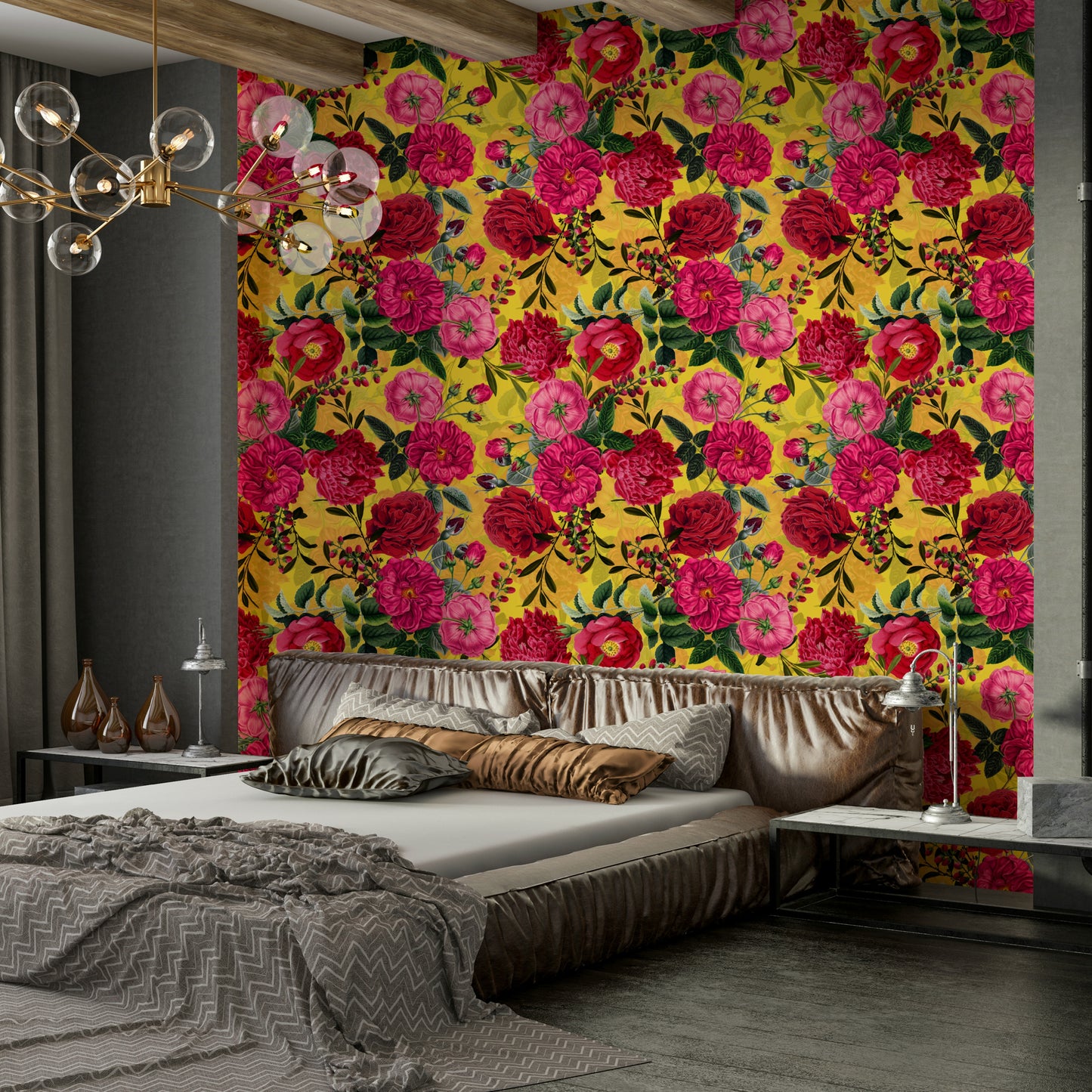 Vintage-inspired wallpaper mural with vibrant roses and intricate details.


