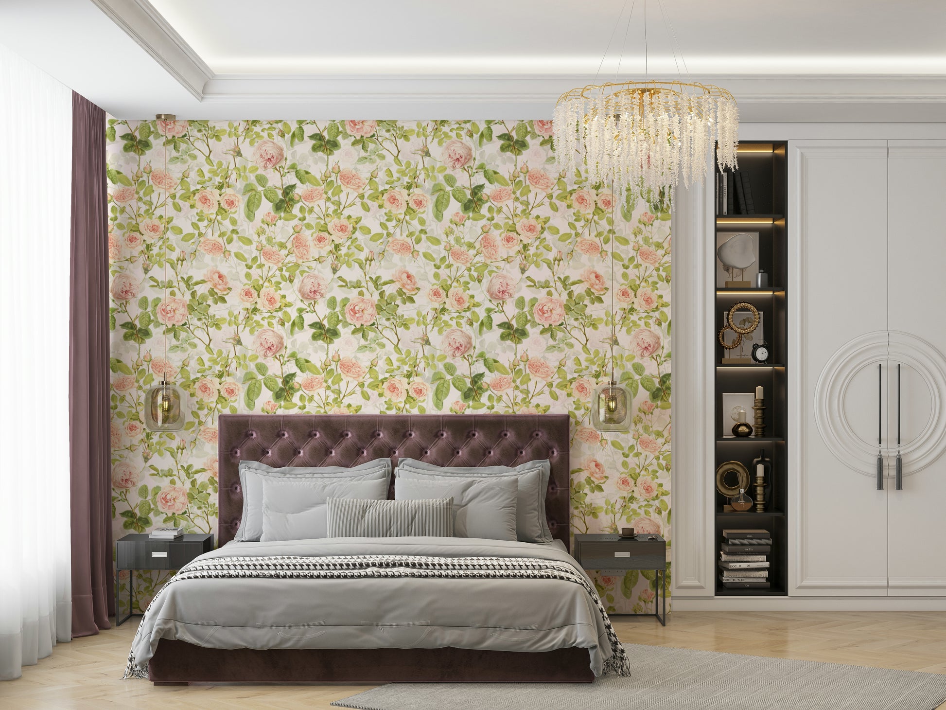 Floral mural with romantic roses and lush greenery in soft, pastel tones.

