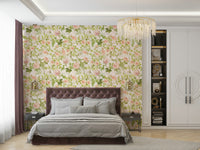Floral mural with romantic roses and lush greenery in soft, pastel tones.

