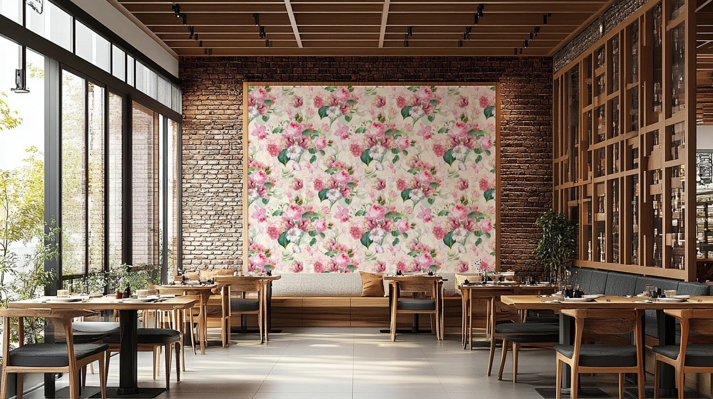 Gentle floral mural with watercolor roses in soft pastel colors.

