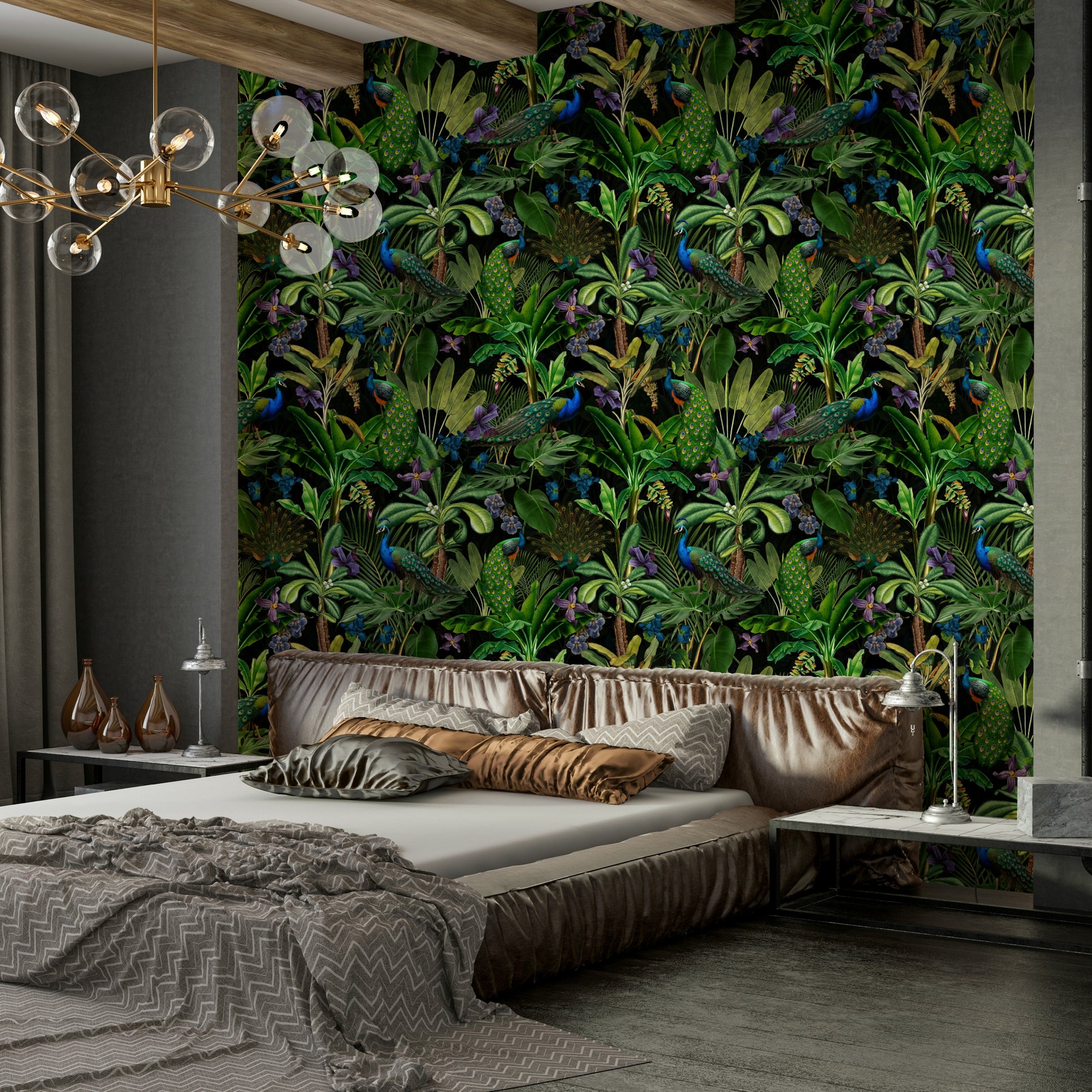 Rich peacock feather wallpaper mural with dark, moody tones and intricate details.

