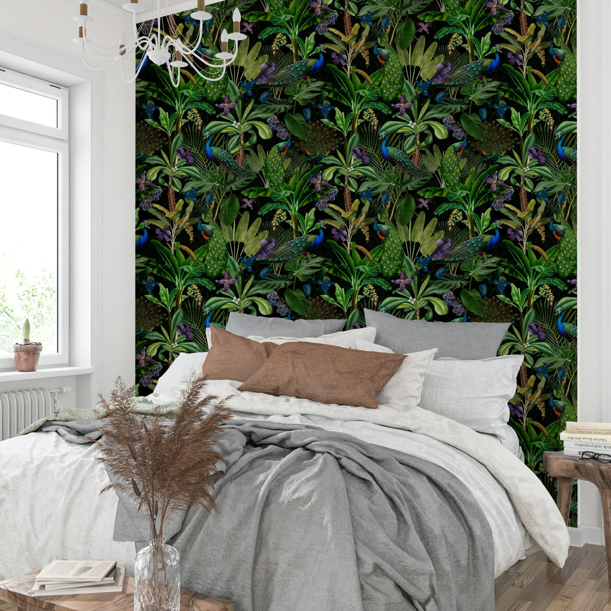 Luxurious wallpaper with rich, colorful peacock feathers against a dark backdrop.

