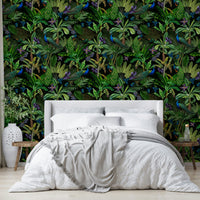 Exotic wall mural with jewel-toned peacock feathers and dark background.

