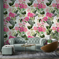 Elegant botanical wallpaper with soft earth tones and vibrant foliage

