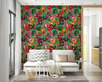 Exotic floral wallpaper featuring tropical palm leaves and blooms


