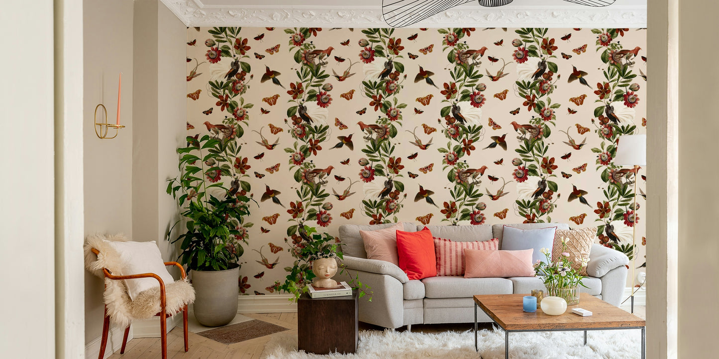 Bold wallpaper design featuring lush greenery and exotic blooms

