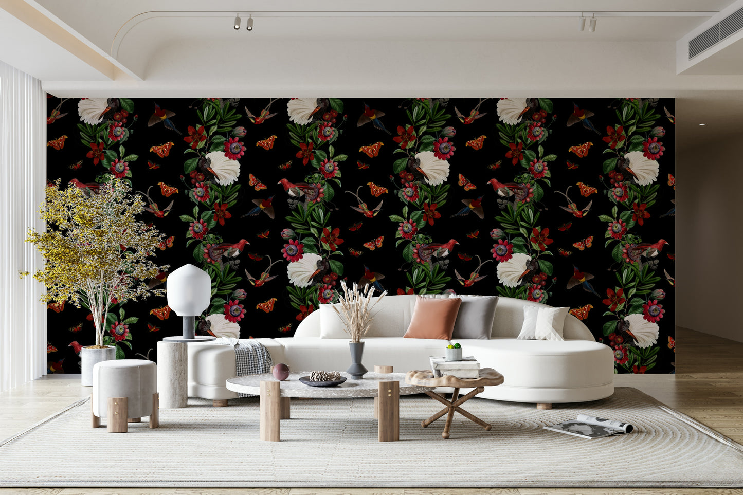 Rich, dark tropical wallpaper with vibrant, exotic plants and flowers

