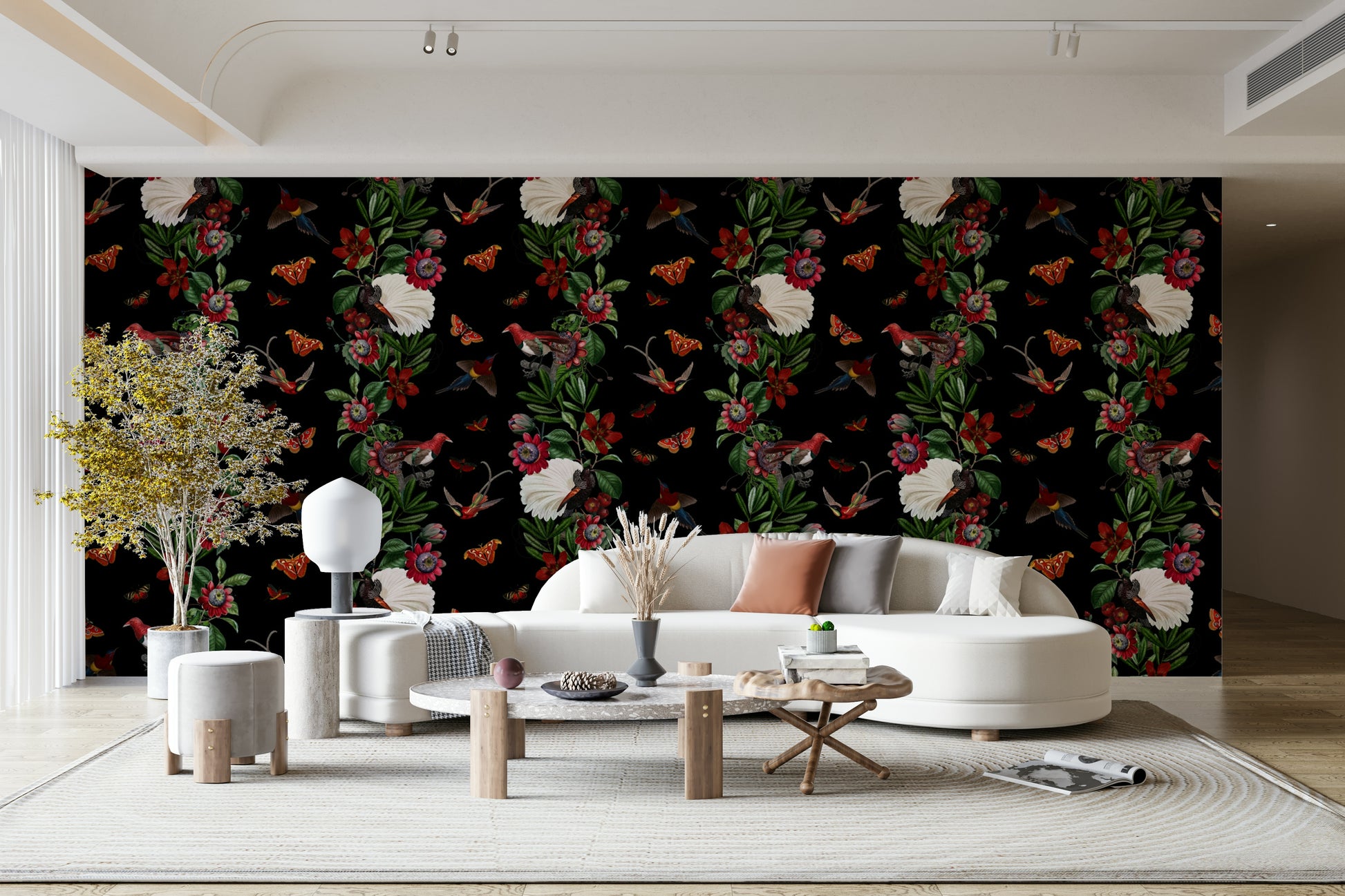 Rich, dark tropical wallpaper with vibrant, exotic plants and flowers

