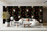 Rich, dark tropical wallpaper with vibrant, exotic plants and flowers

