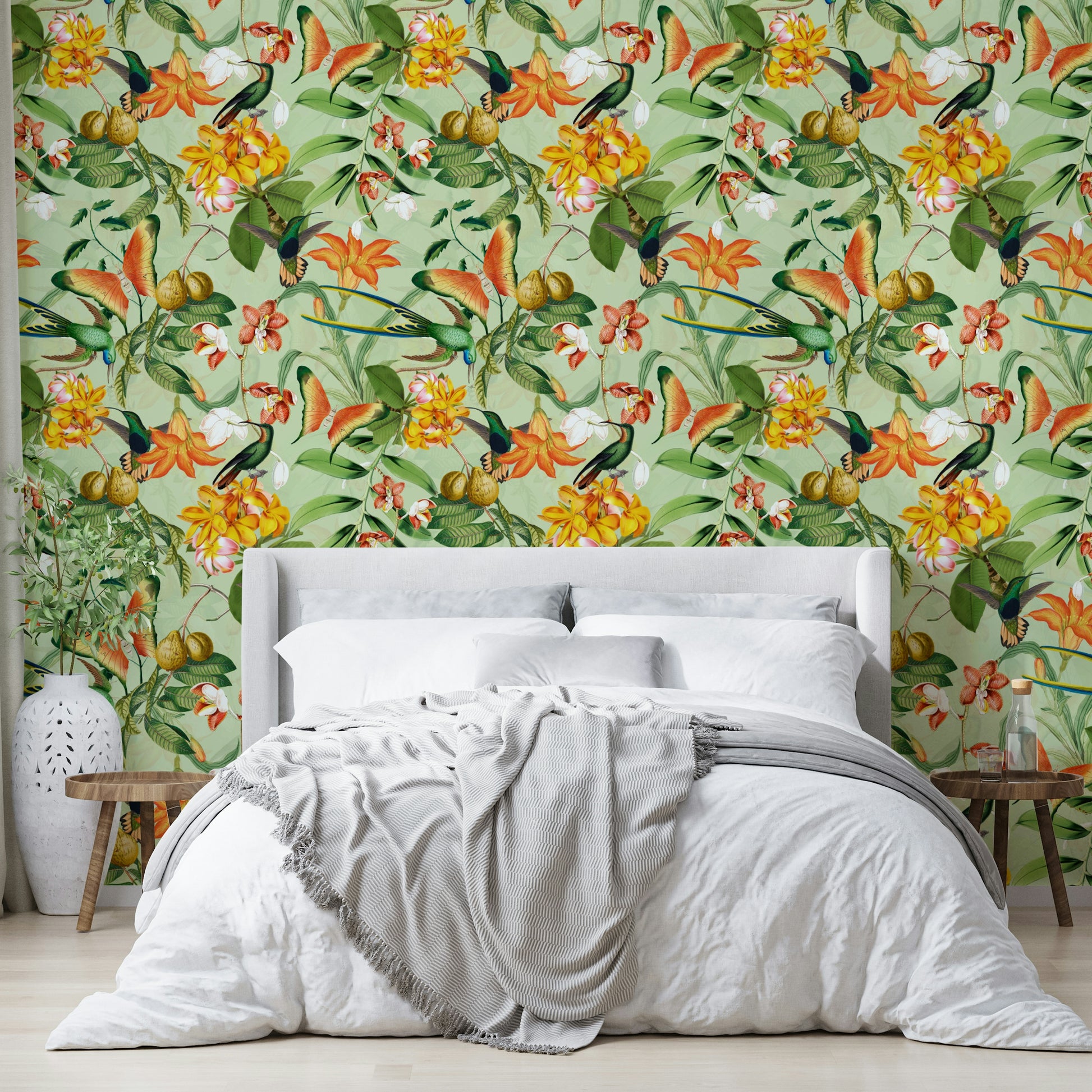 Botanical wallpaper with delicate flowers and lively birds

