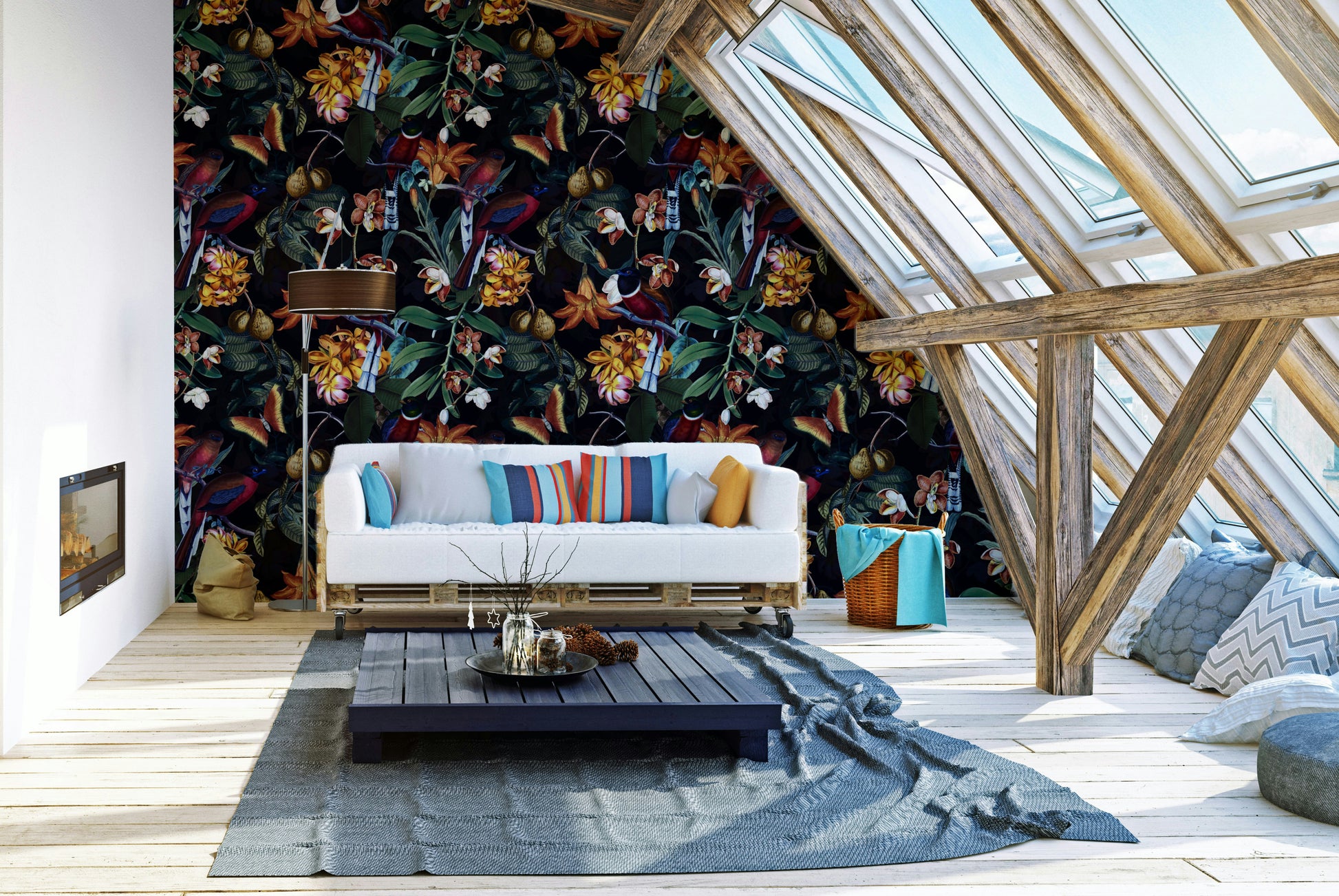 Tropical floral wallpaper with a deep, enchanting nightscape

