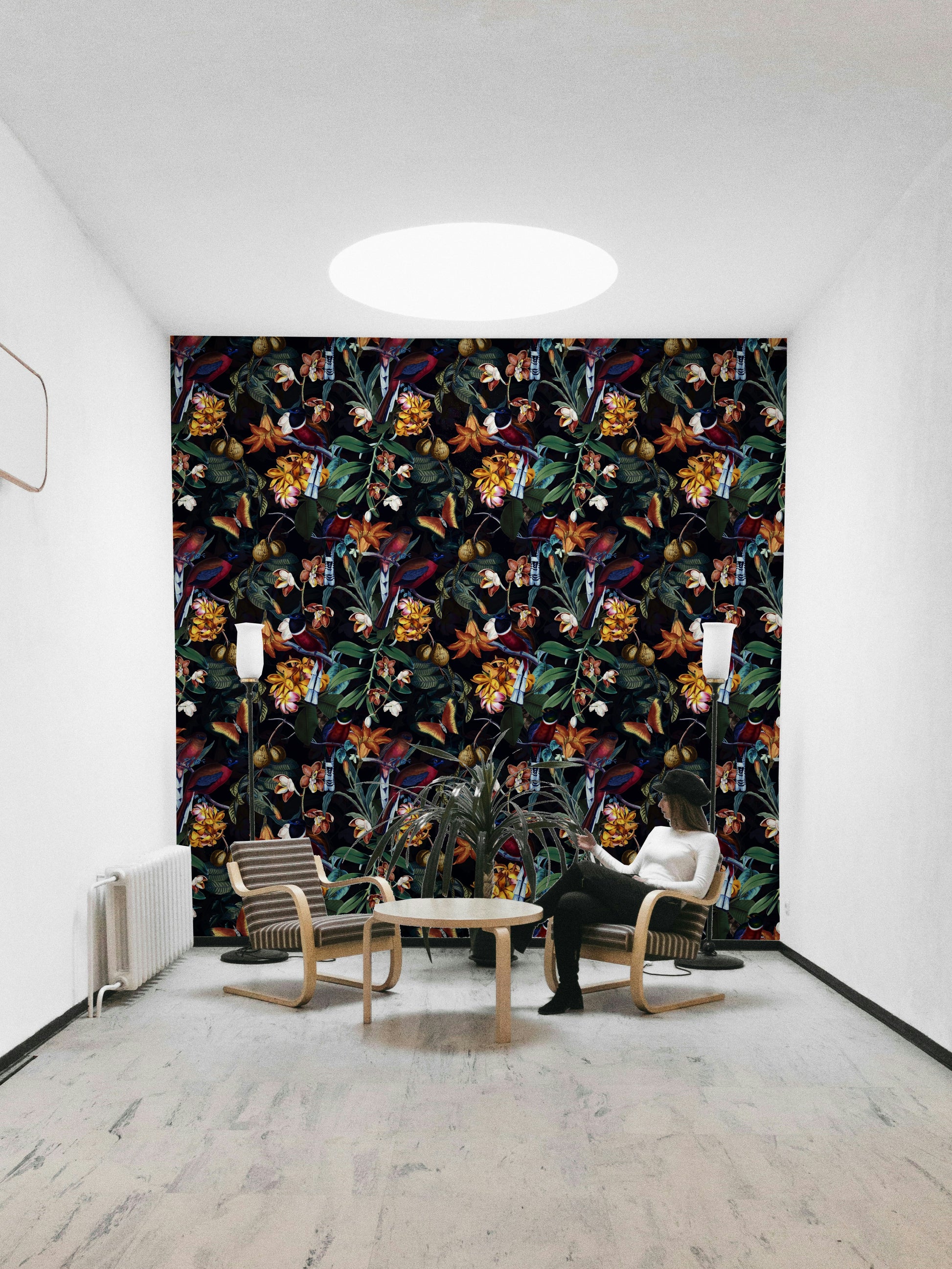 Exotic nighttime tropical wallpaper with vibrant plants and flowers

