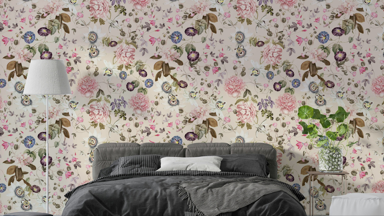 Serene Garden Escape wallpaper with soft pastel floral designs

